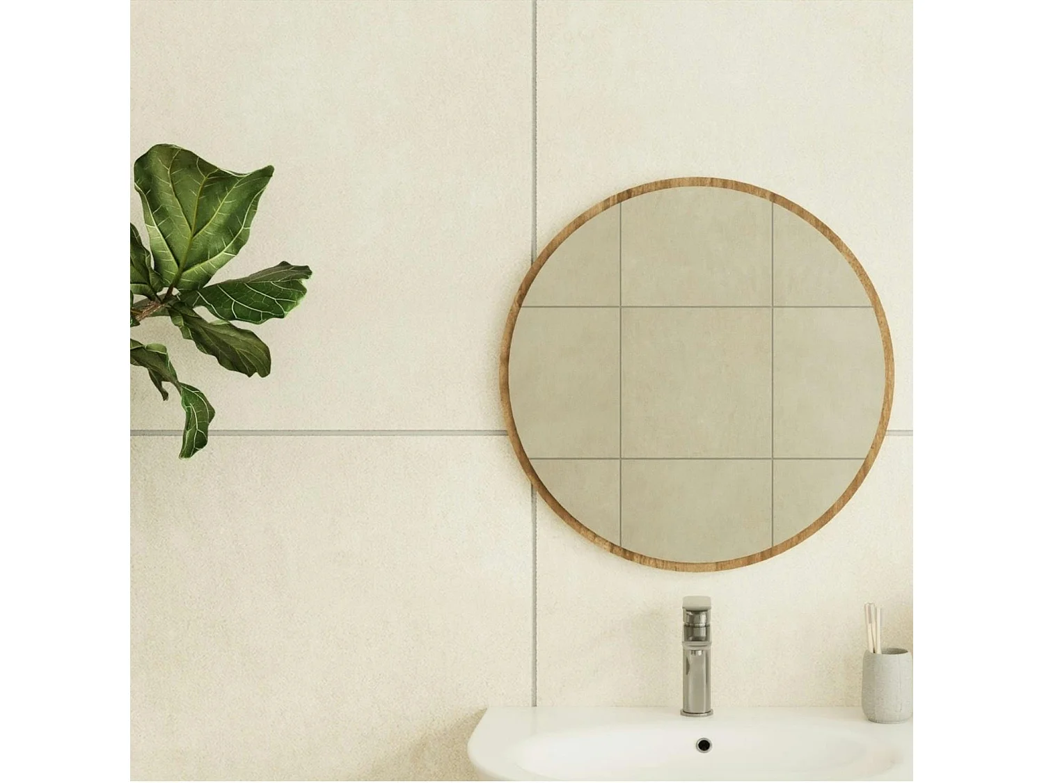 Miroir rond moderne avec cadre effet noyerØ60 cm CODY