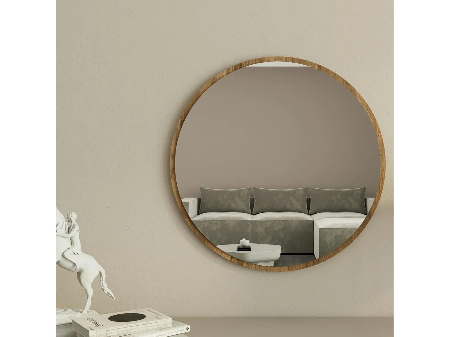 Miroir rond moderne avec cadre effet noyerØ60 cm CODY