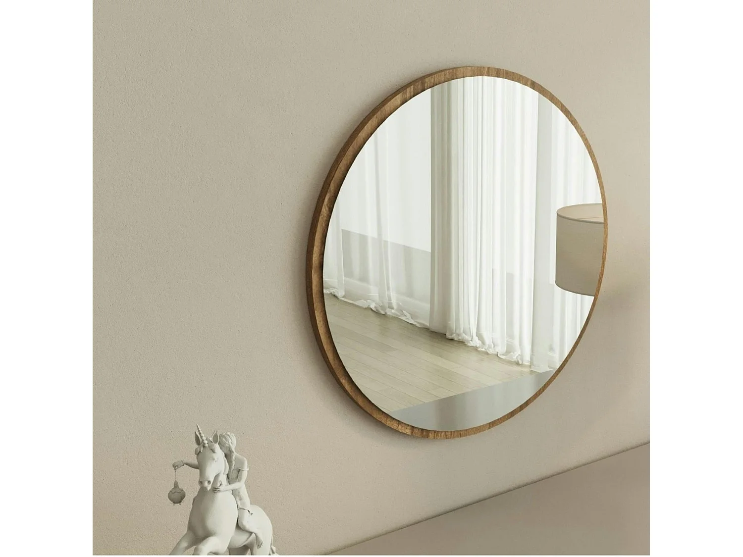 Miroir rond moderne avec cadre effet noyerØ60 cm CODY