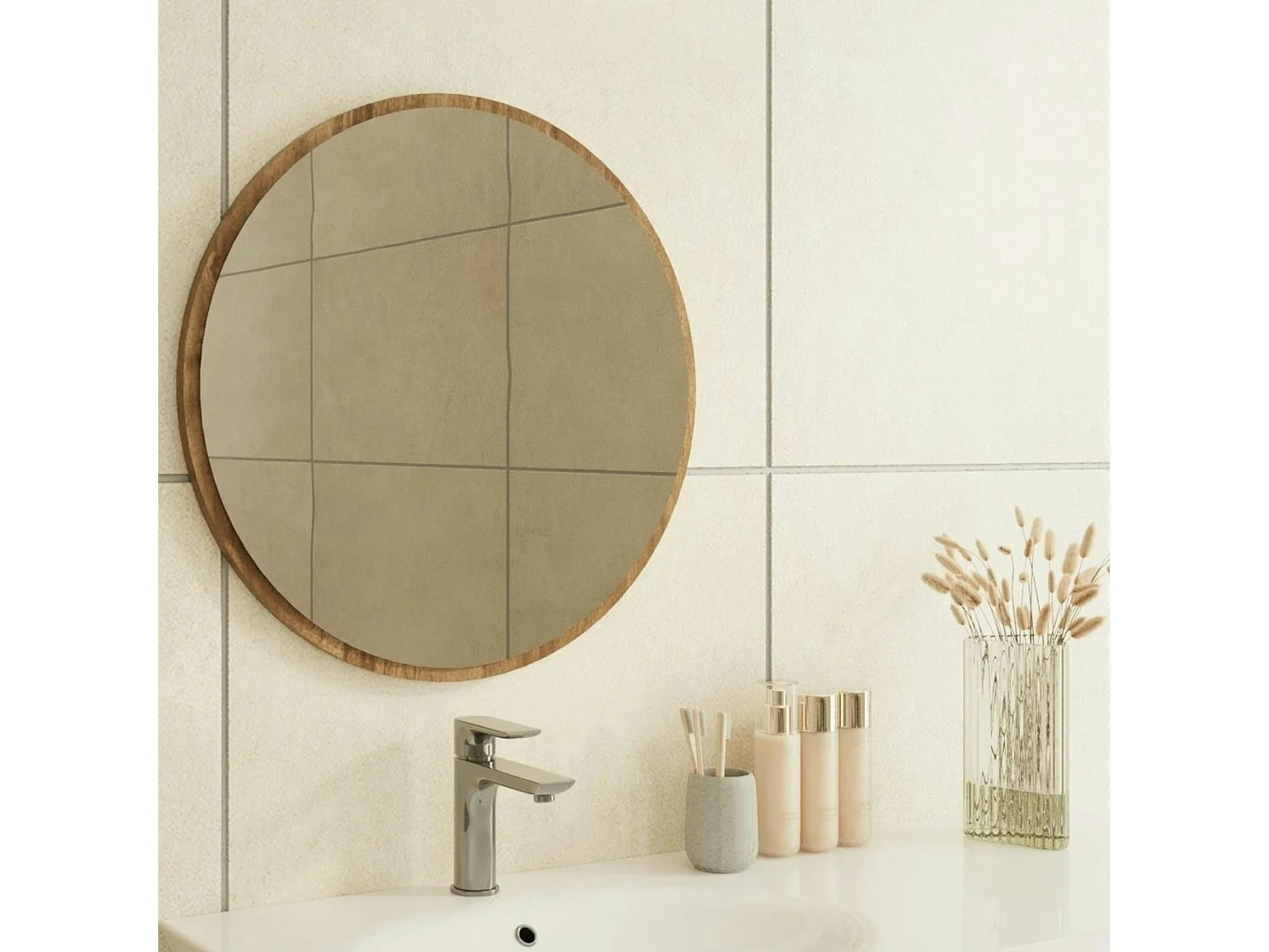 Miroir rond moderne avec cadre effet noyerØ60 cm CODY