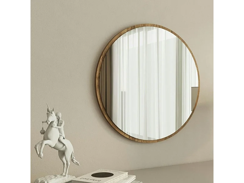 Miroir rond moderne avec cadre effet noyerØ60 cm CODY