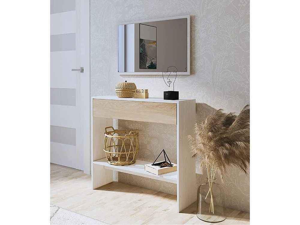 Recibidor con espejo de 85x91,5x37,9 cm con cajón de almacenaje en blanco y beige Darcy
