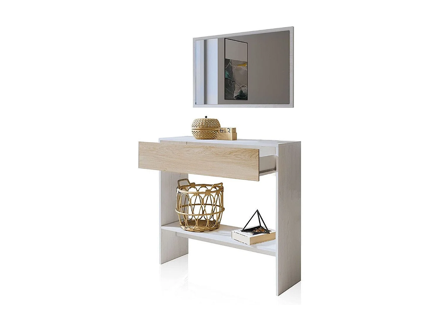 Recibidor con espejo de 85x91,5x37,9 cm con cajón de almacenaje en blanco y beige Darcy