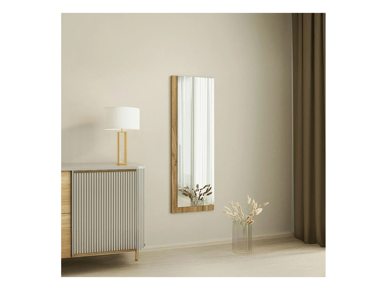 Miroir rectangulaire mural demi-cadre effet noyer 120 cm CODY