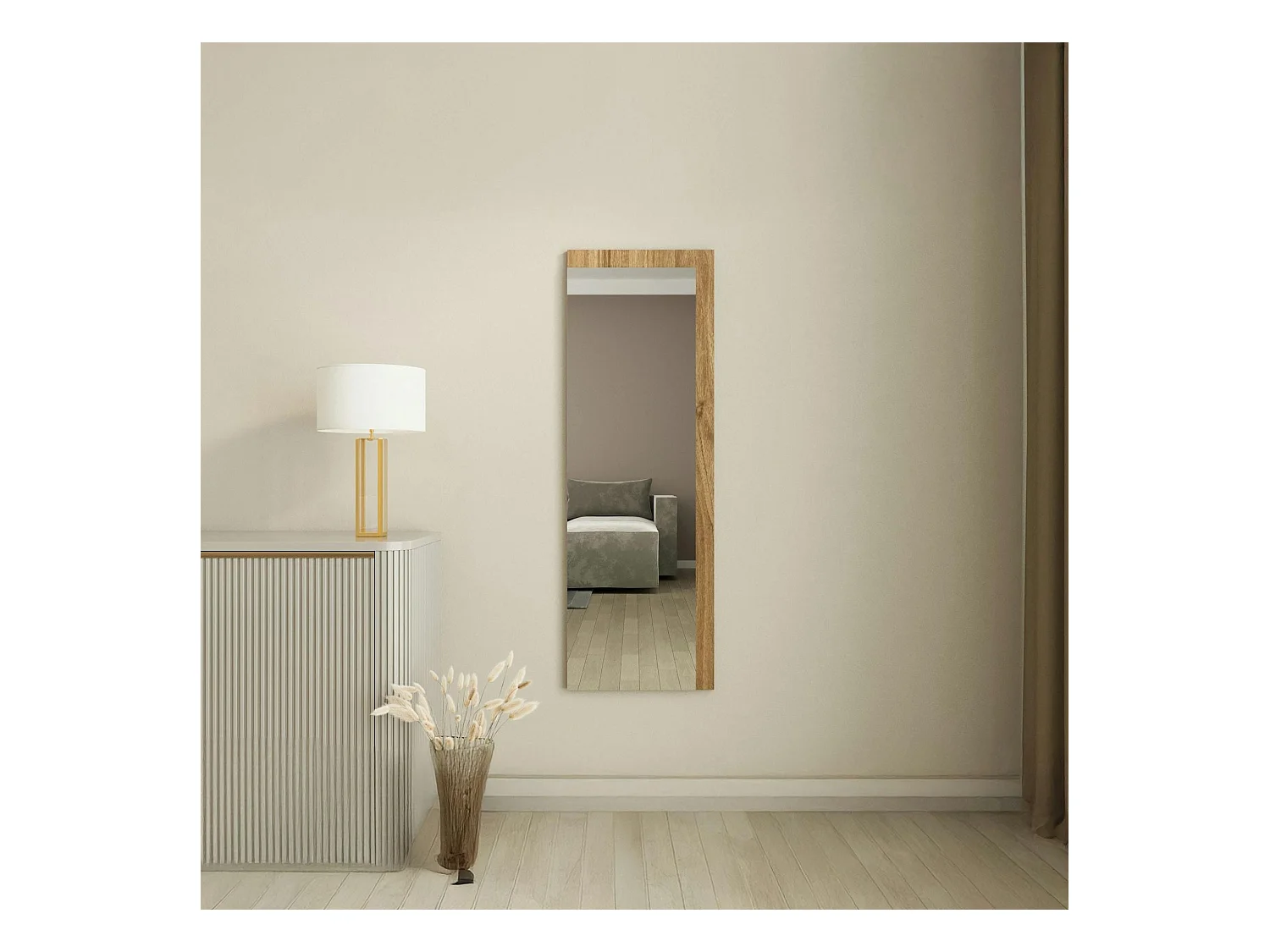 Miroir rectangulaire mural demi-cadre effet noyer 120 cm CODY