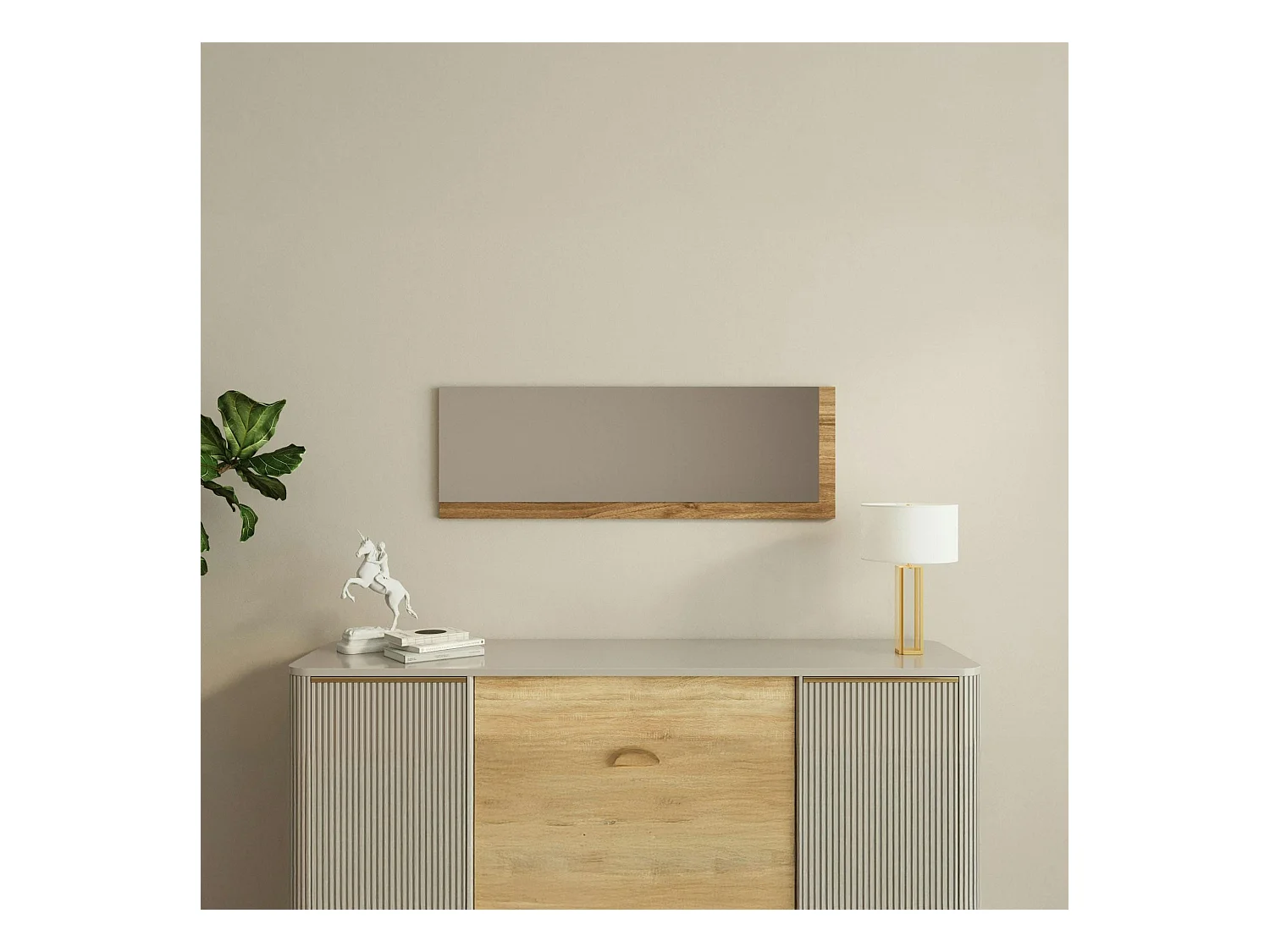 Miroir rectangulaire mural demi-cadre effet noyer 120 cm CODY