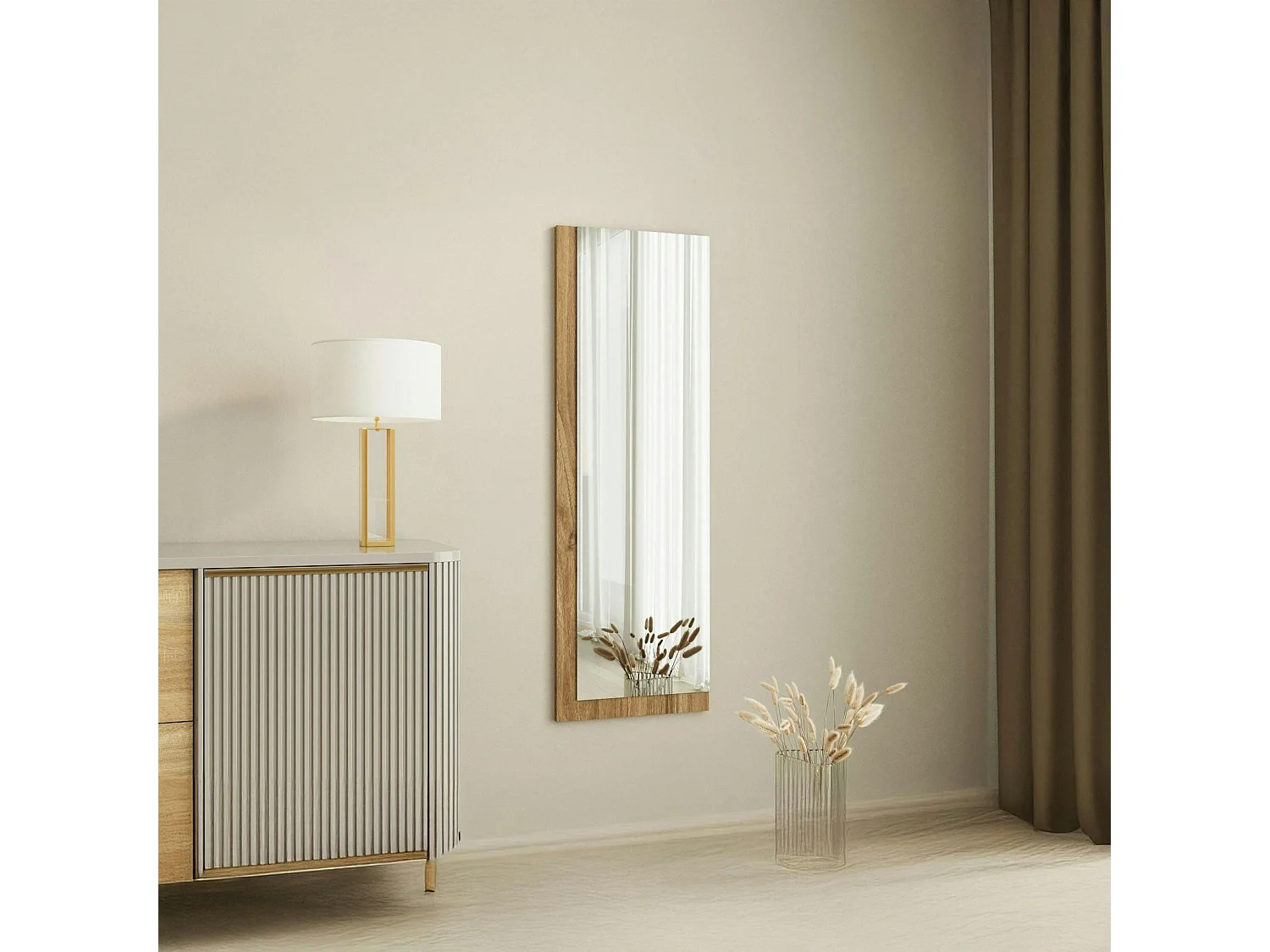Miroir rectangulaire mural demi-cadre effet noyer 120 cm CODY