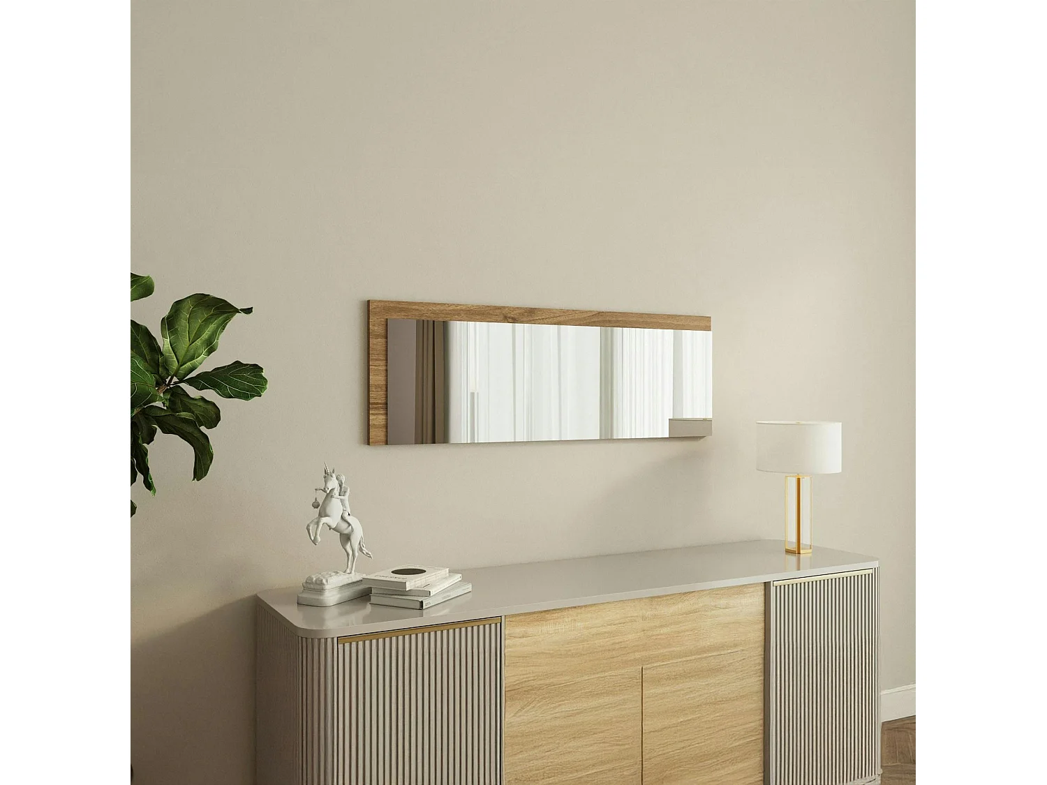 Miroir rectangulaire mural demi-cadre effet noyer 120 cm CODY