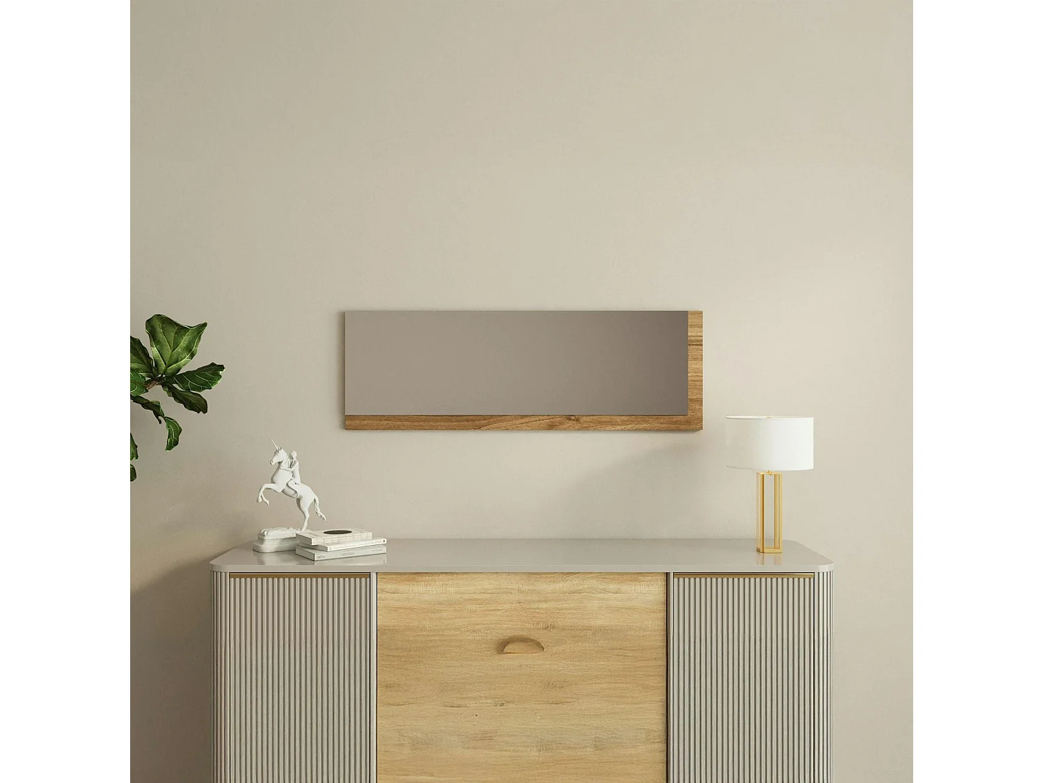 Miroir rectangulaire mural demi-cadre effet noyer 120 cm CODY