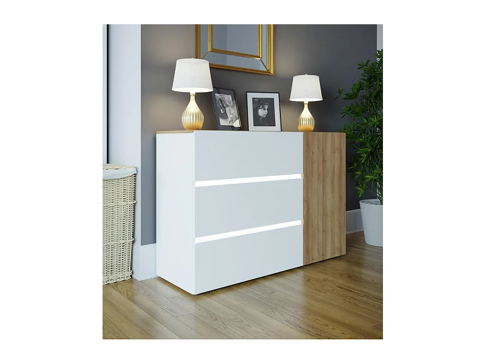 Cómoda cajonera de 3 cajones y 1 puerta de 81,7x114,9x41,4 cm en color blanco y roble Leny