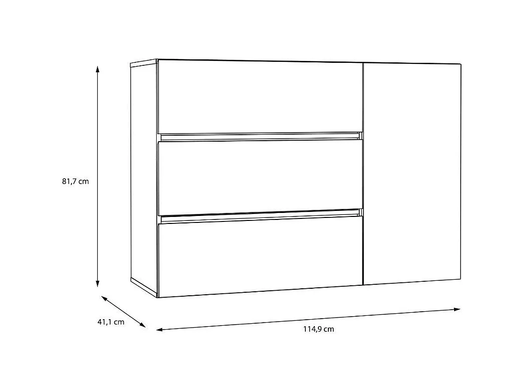 Cómoda cajonera de 3 cajones y 1 puerta de 81,7x114,9x41,4 cm en color blanco y roble Leny