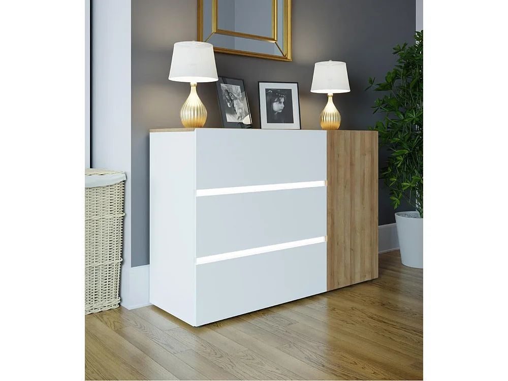 Cómoda cajonera de 3 cajones y 1 puerta de 81,7x114,9x41,4 cm en color blanco y roble Leny