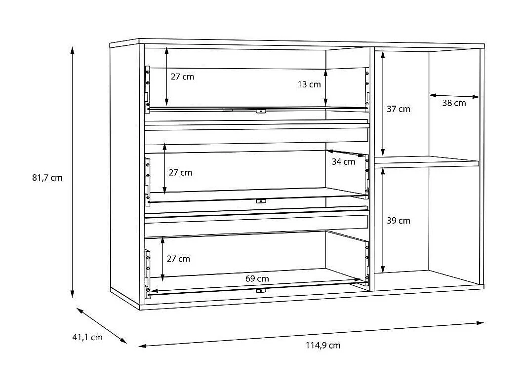 Cómoda cajonera de 3 cajones y 1 puerta de 81,7x114,9x41,4 cm en color blanco y roble Leny