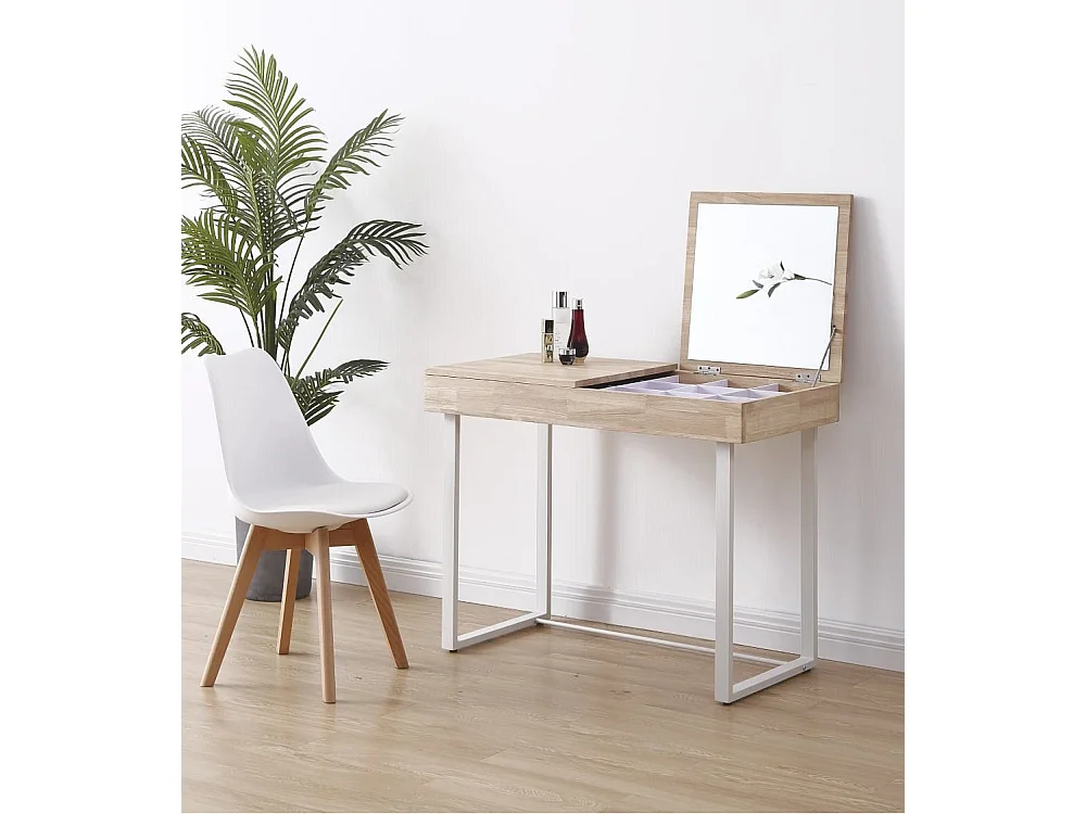 Tocador abatible de 100x50x76 cm con espejo y puerta abatible en roble y blanco Pearl