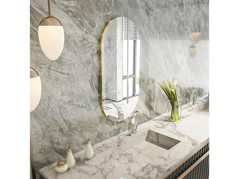 Miroir salle de bains ovale argenté, bordure dorée 85 cm CODY