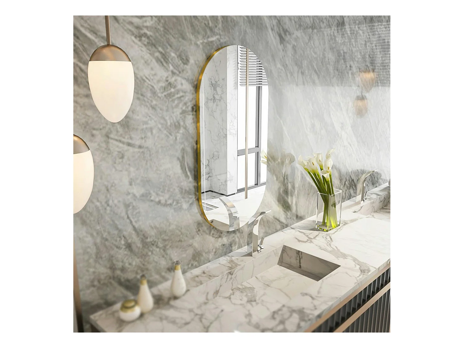 Miroir salle de bains ovale argenté, bordure dorée 85 cm CODY