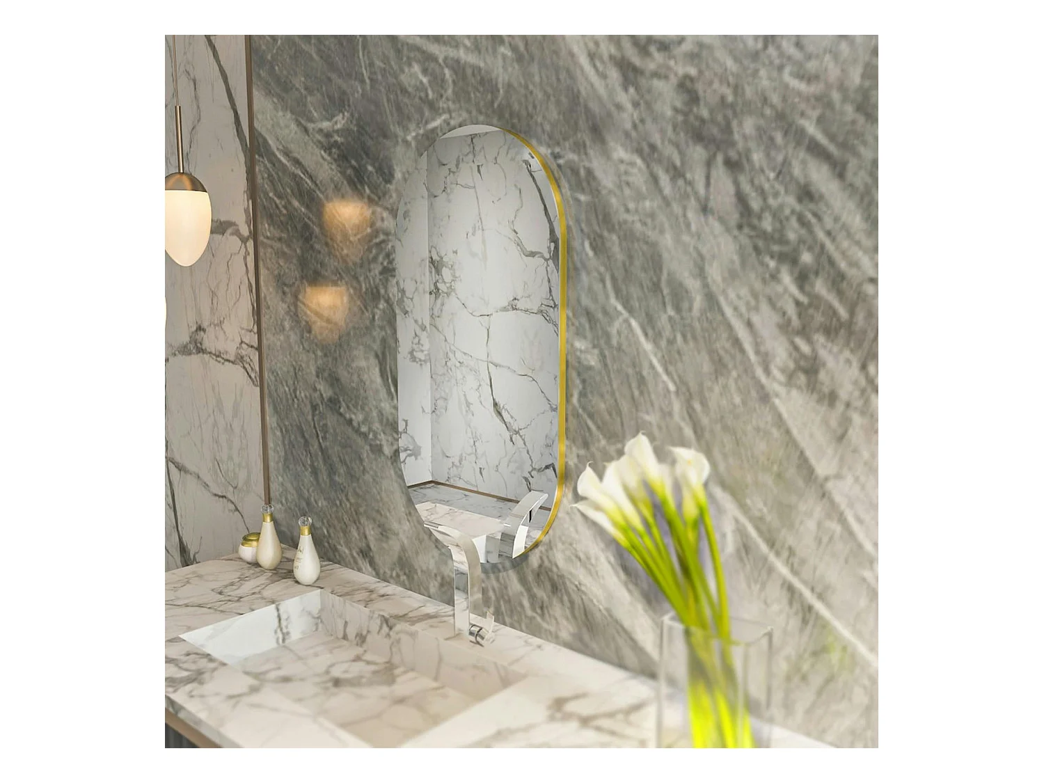 Miroir salle de bains ovale argenté, bordure dorée 85 cm CODY