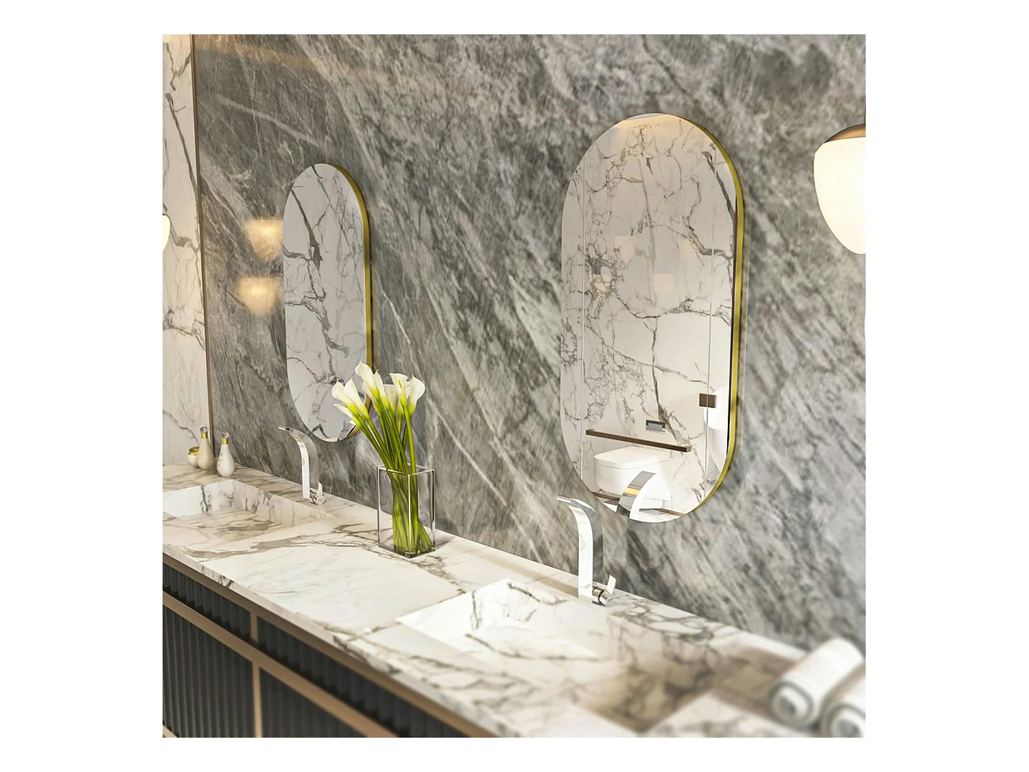 Miroir salle de bains ovale argenté, bordure dorée 85 cm CODY