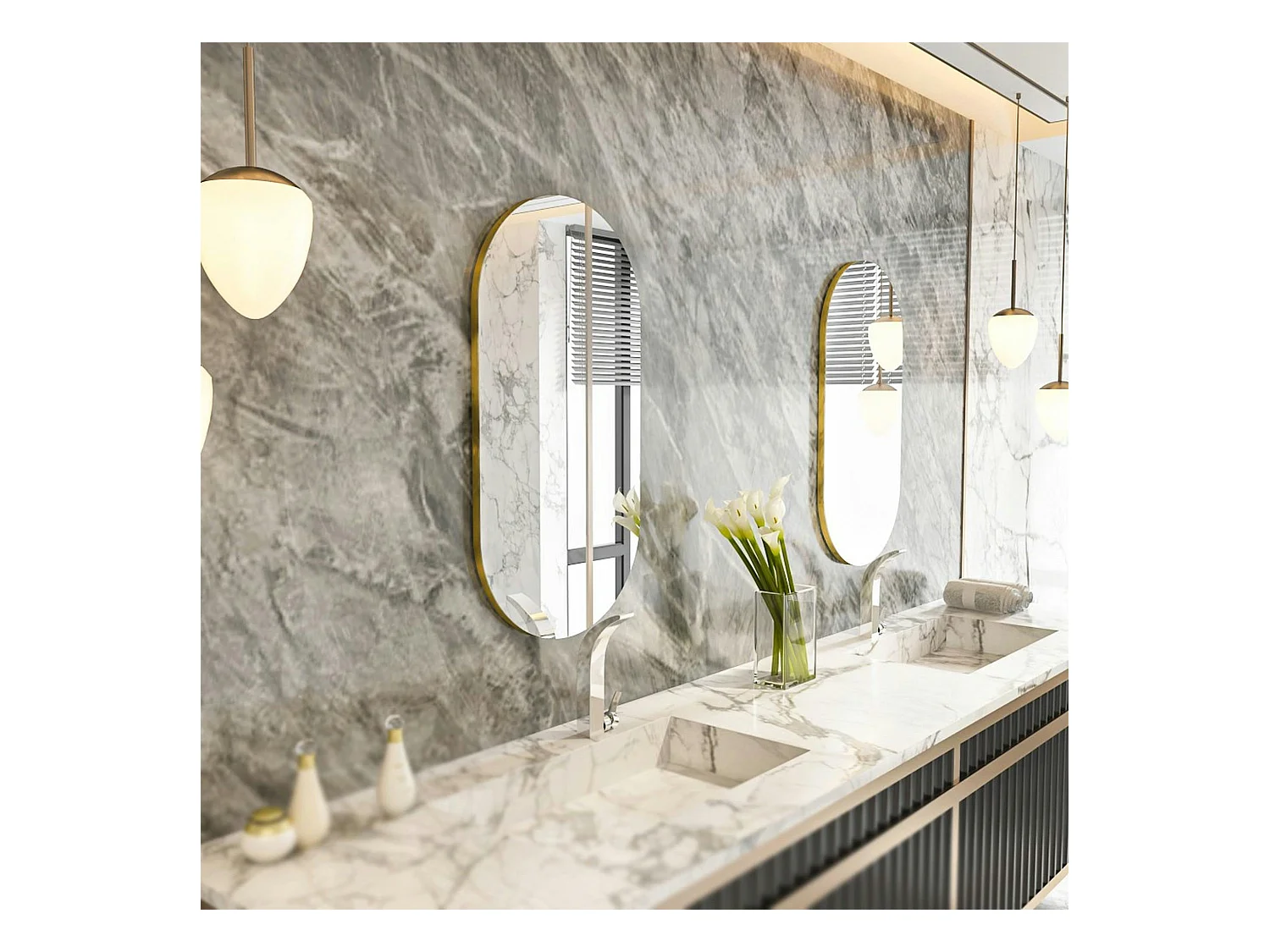 Miroir salle de bains ovale argenté, bordure dorée 85 cm CODY