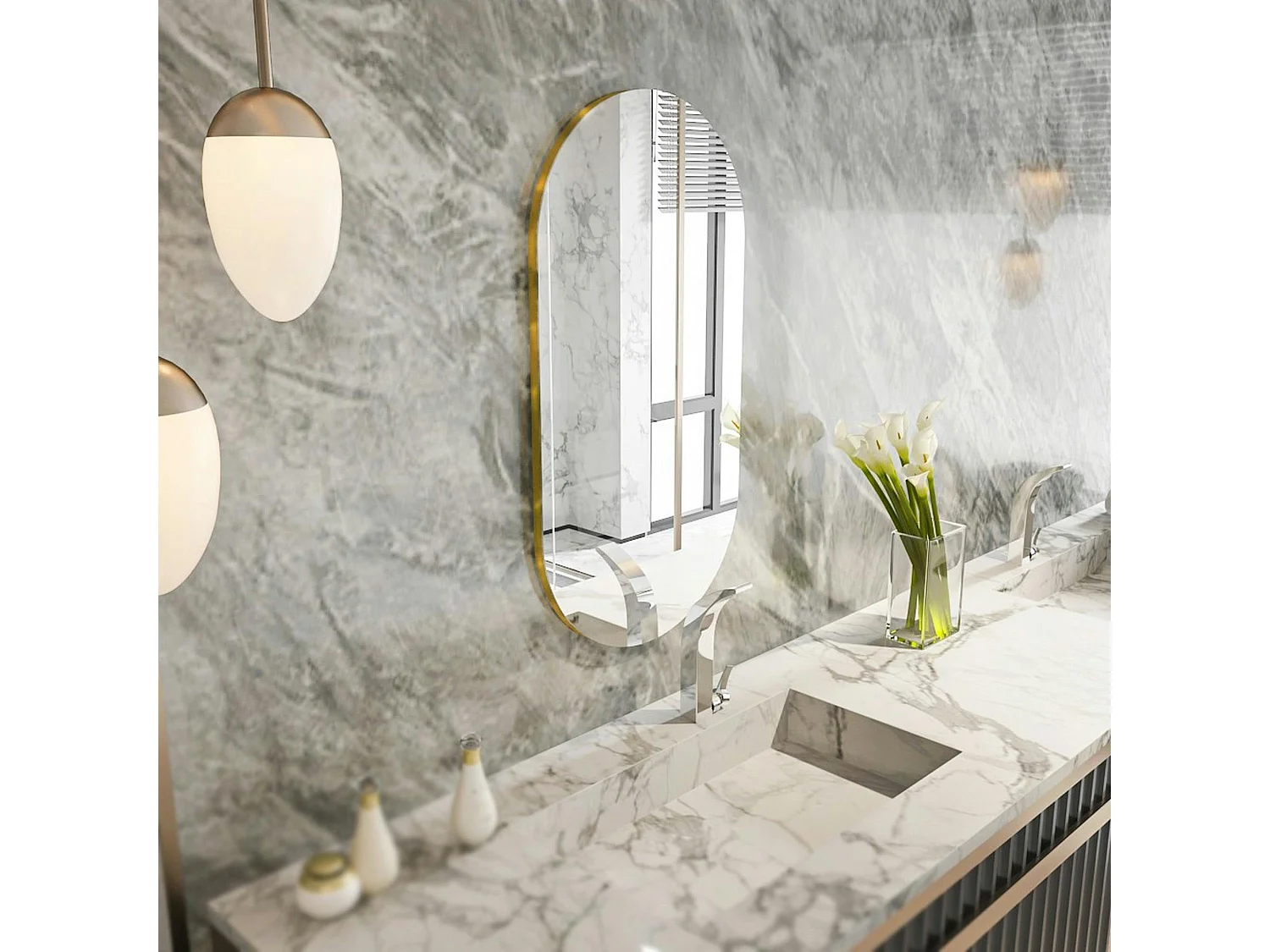 Miroir salle de bains ovale argenté, bordure dorée 85 cm CODY