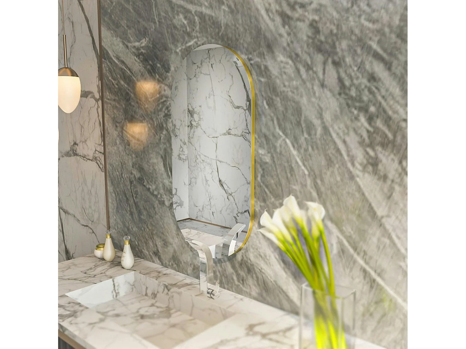 Miroir salle de bains ovale argenté, bordure dorée 85 cm CODY