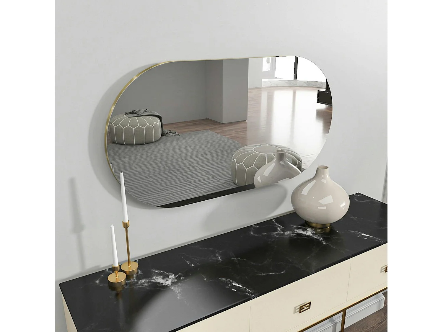 Miroir salle de bains ovale argenté, bordure dorée 85 cm CODY