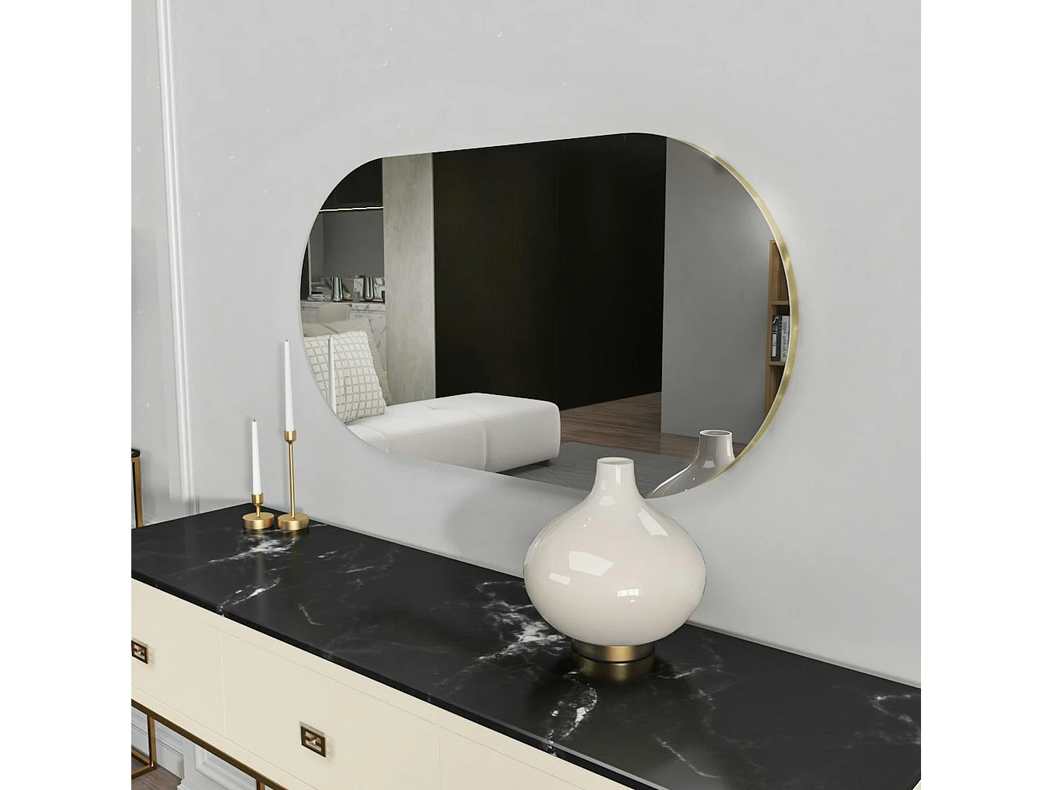 Miroir salle de bains ovale argenté, bordure dorée 85 cm CODY