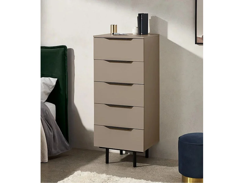 Sinfonier de 5 cajones 128,3x52x45 cm para dormitorio de melamina en color capuccino Mocca