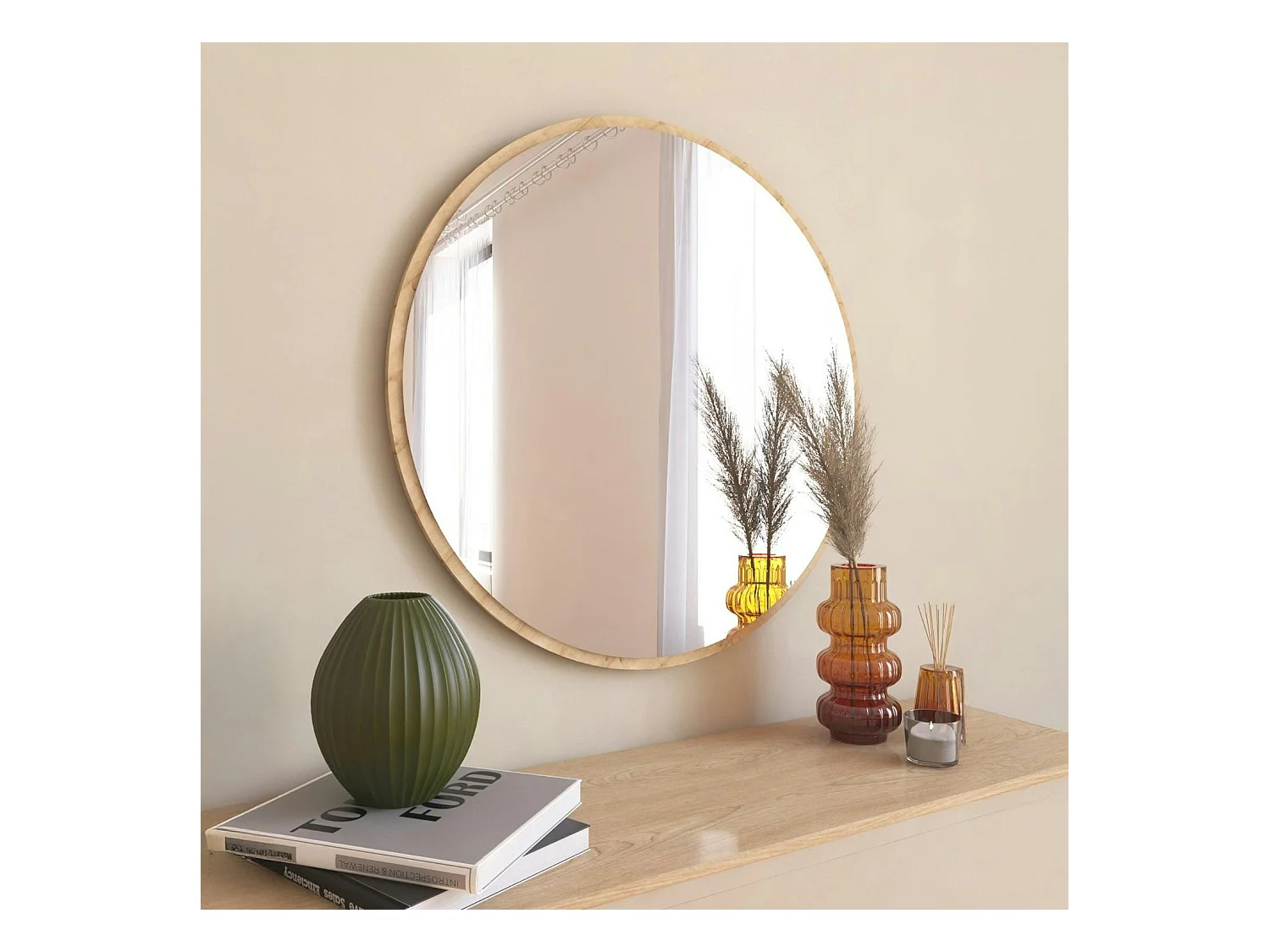 Miroir rond moderne avec cadre effet bois clairØ60 cm CODY