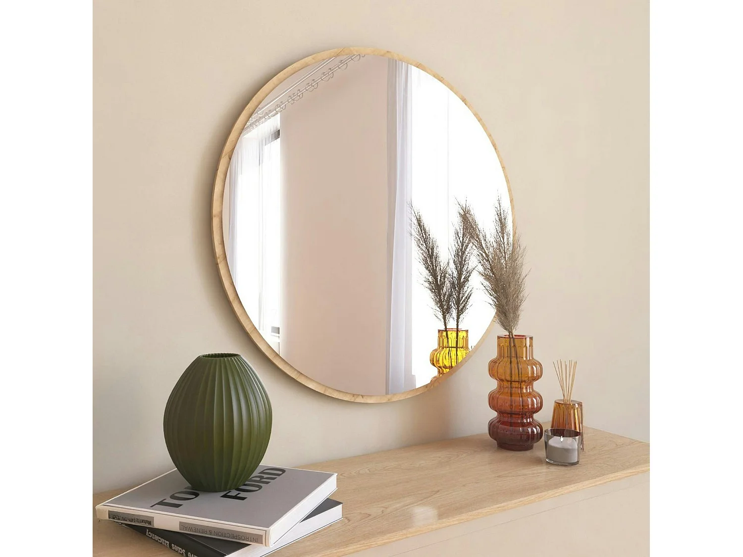 Miroir rond moderne avec cadre effet bois clairØ60 cm CODY