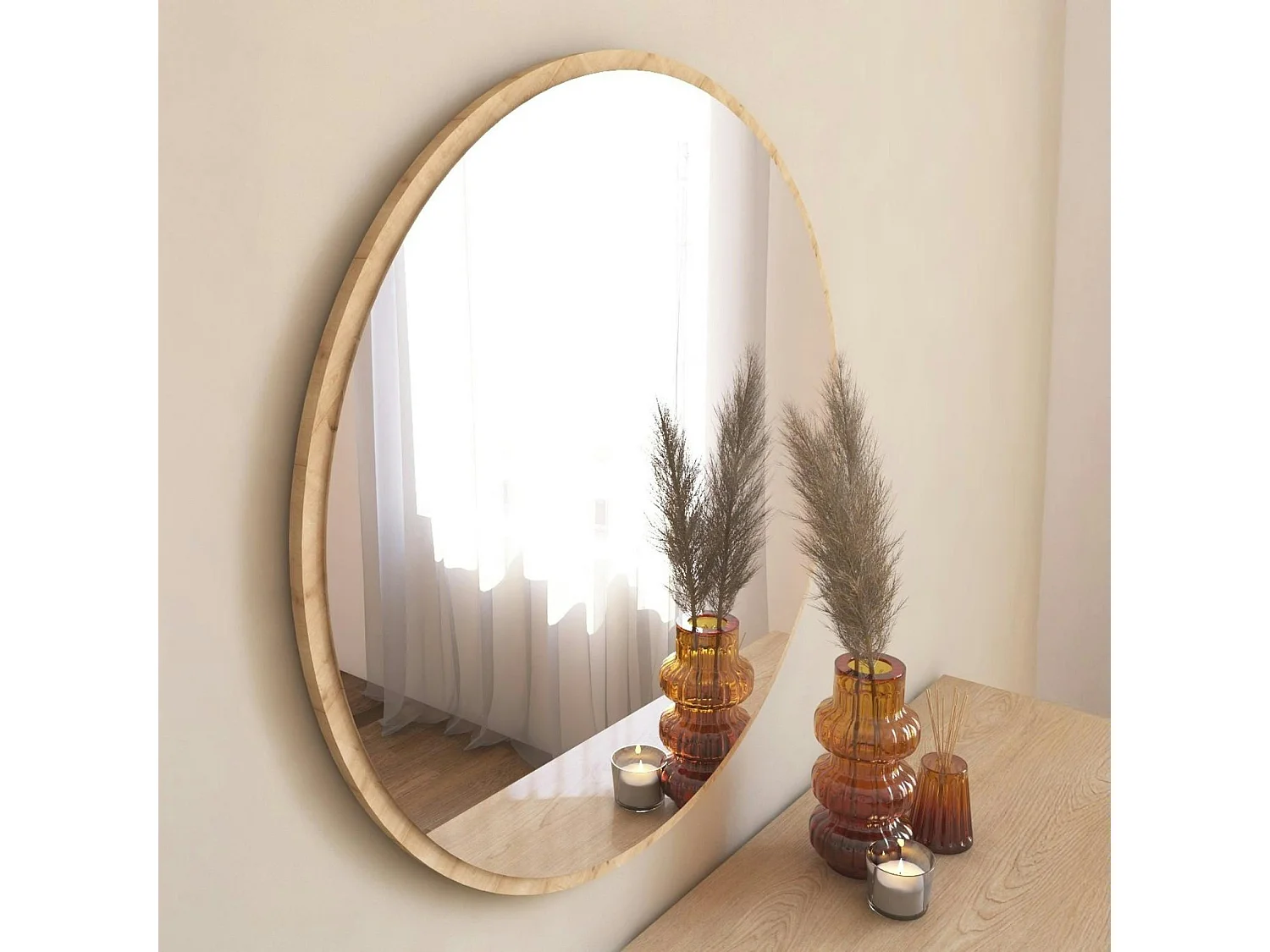 Miroir rond moderne avec cadre effet bois clairØ60 cm CODY