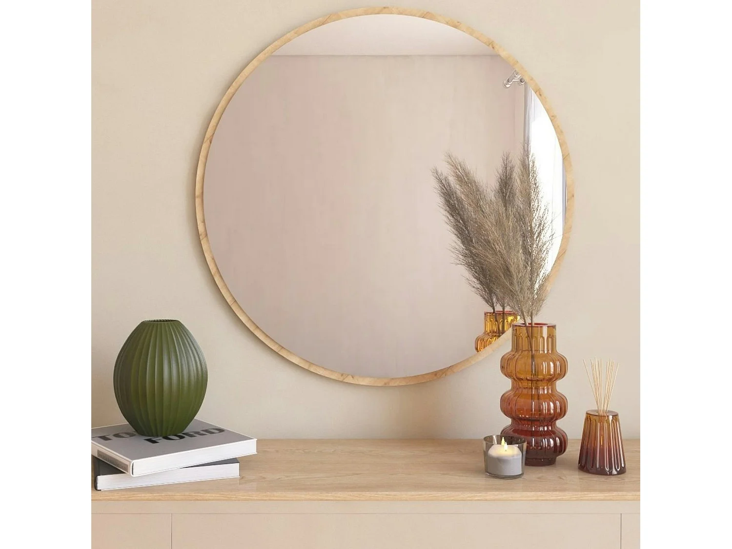 Miroir rond moderne avec cadre effet bois clairØ60 cm CODY