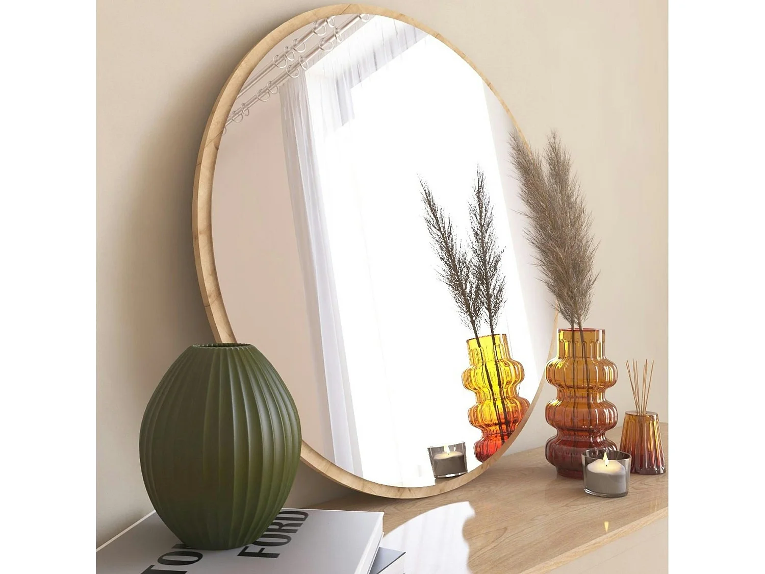 Miroir rond moderne avec cadre effet bois clairØ60 cm CODY