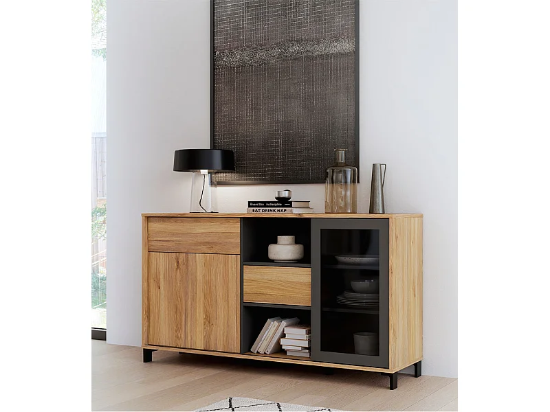 Aparador de salón-comedor de 82,4x147x42 cm con 1 puerta y 2 cajones en color beige Folke