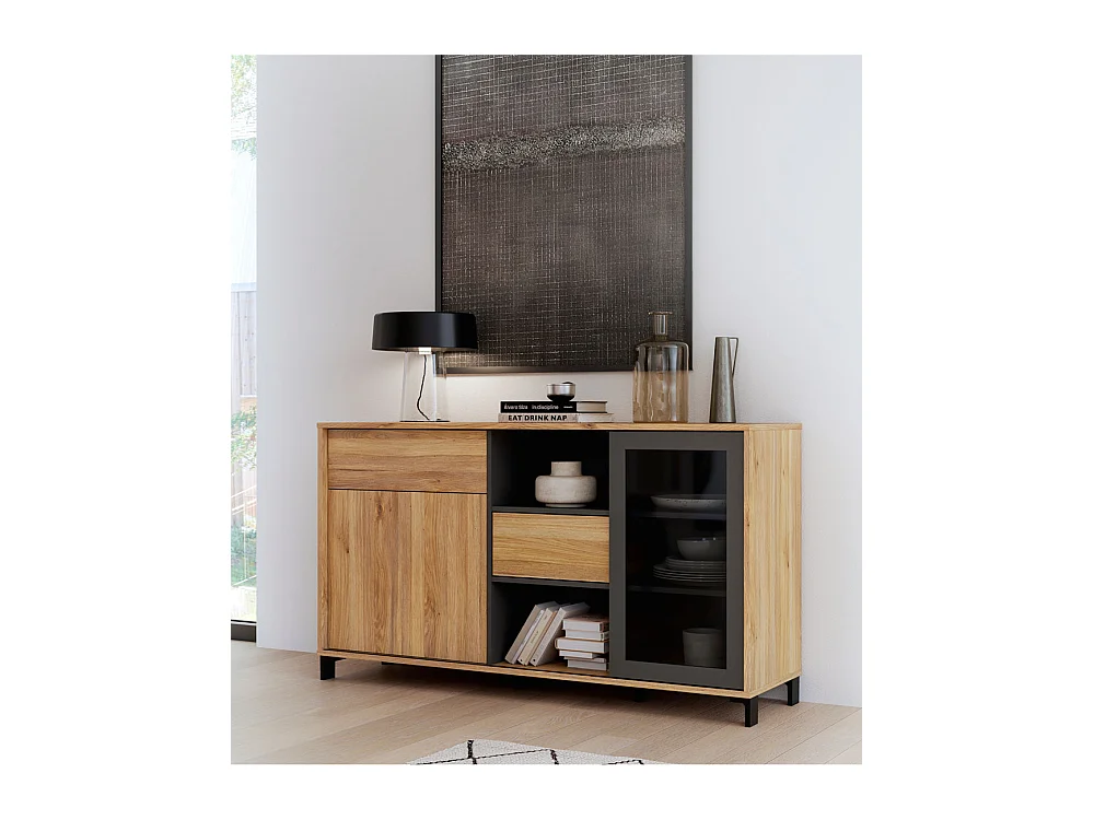 Aparador de salón-comedor de 82,4x147x42 cm con 1 puerta y 2 cajones en color beige Folke