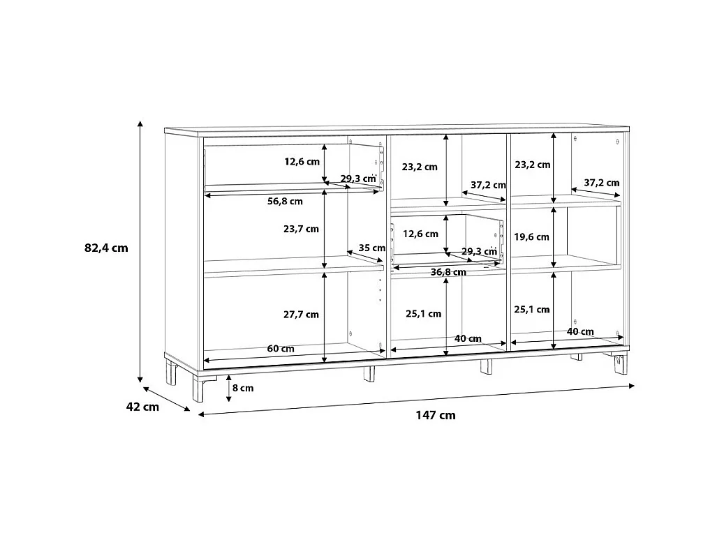 Aparador de salón-comedor de 82,4x147x42 cm con 1 puerta y 2 cajones en color beige Folke
