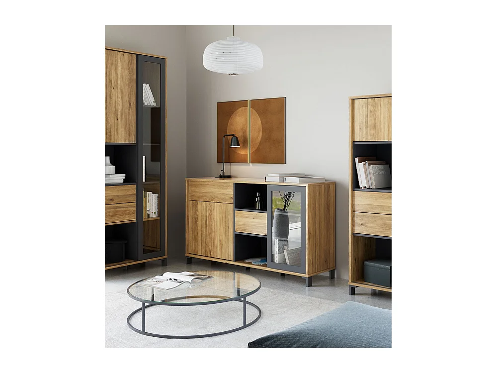 Aparador de salón-comedor de 82,4x147x42 cm con 1 puerta y 2 cajones en color beige Folke