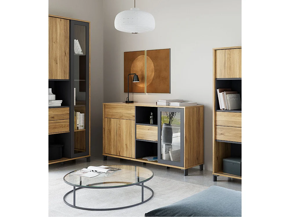 Aparador de salón-comedor de 82,4x147x42 cm con 1 puerta y 2 cajones en color beige Folke