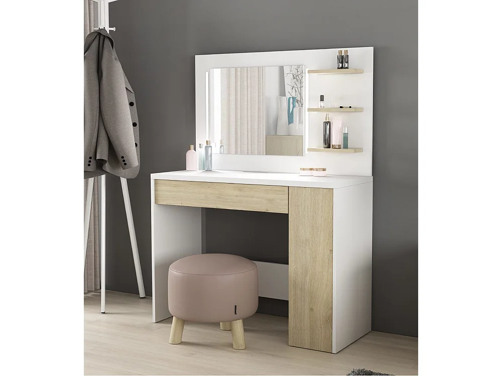 Tocador de 142x100x41 cm con espejo con luces LED regulables en color blanco y roble Grace