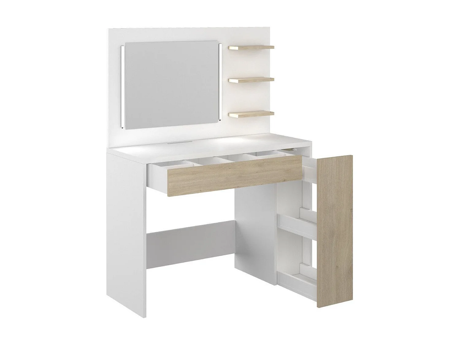 Tocador de 142x100x41 cm con espejo con luces LED regulables en color blanco y roble Grace