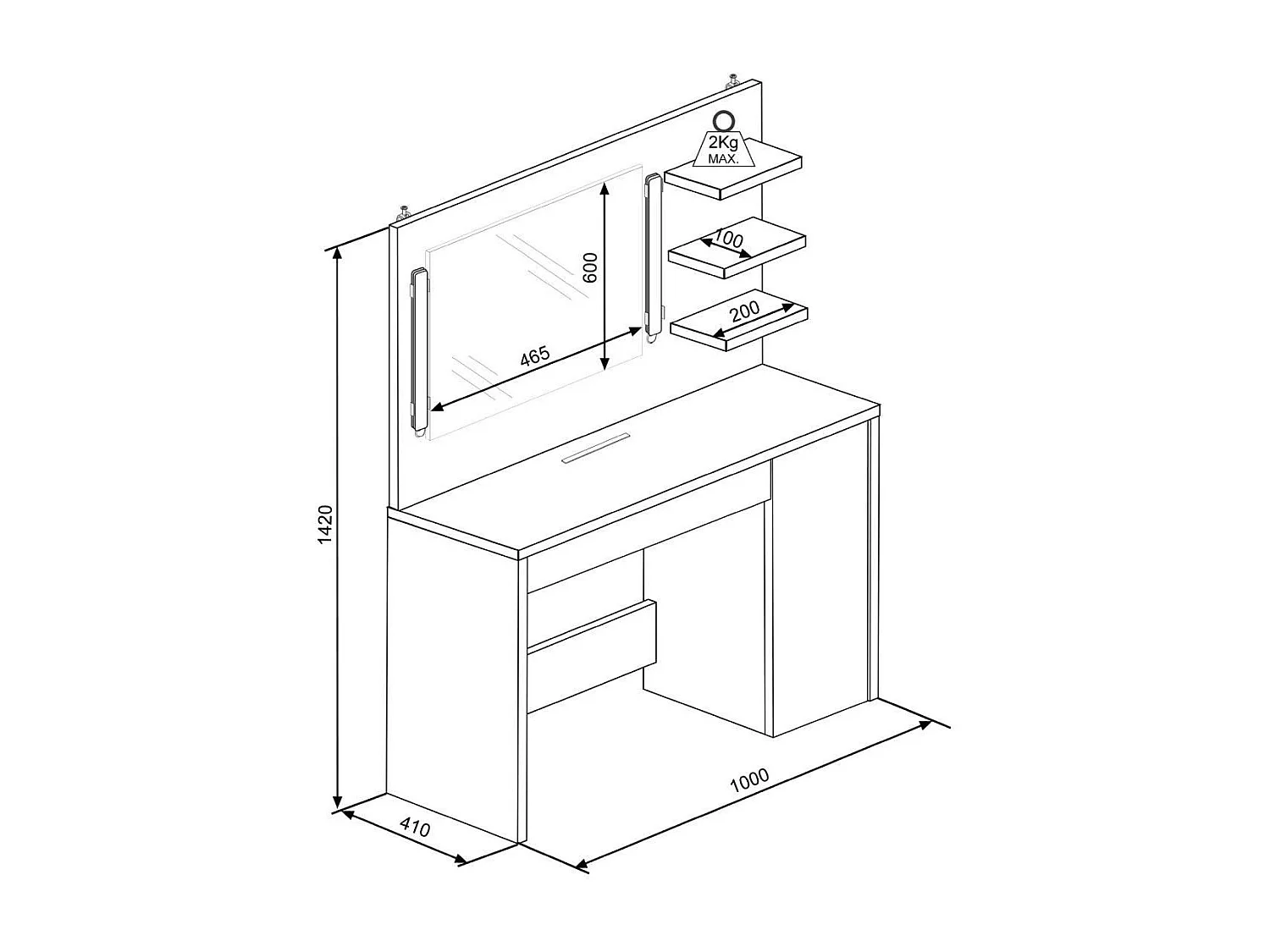 Tocador de 142x100x41 cm con espejo con luces LED regulables en color blanco y roble Grace