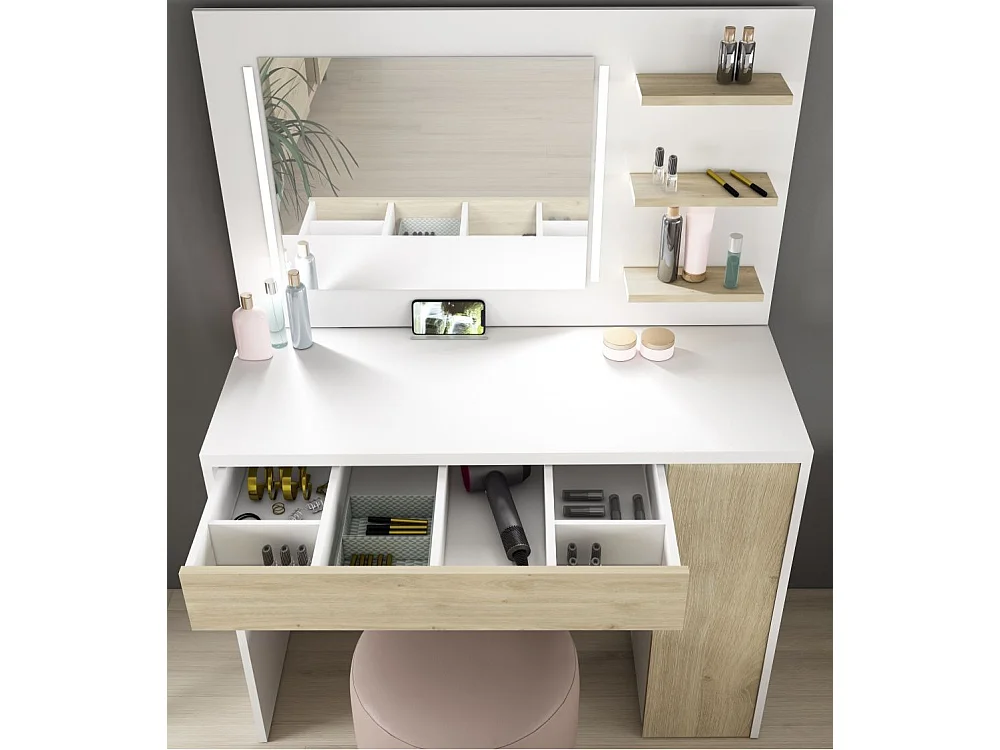 Tocador de 142x100x41 cm con espejo con luces LED regulables en color blanco y roble Grace