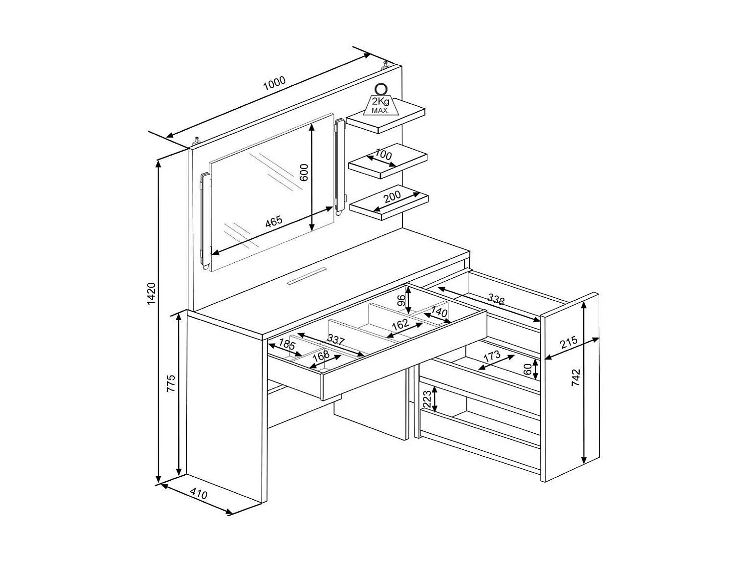 Tocador de 142x100x41 cm con espejo con luces LED regulables en color blanco y roble Grace