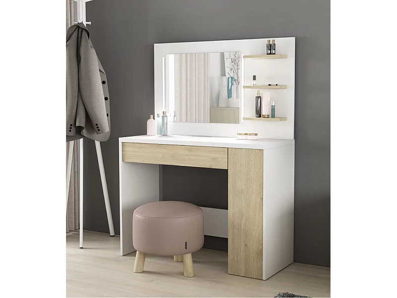 Tocador de 142x100x41 cm con espejo con luces LED regulables en color blanco y roble Grace