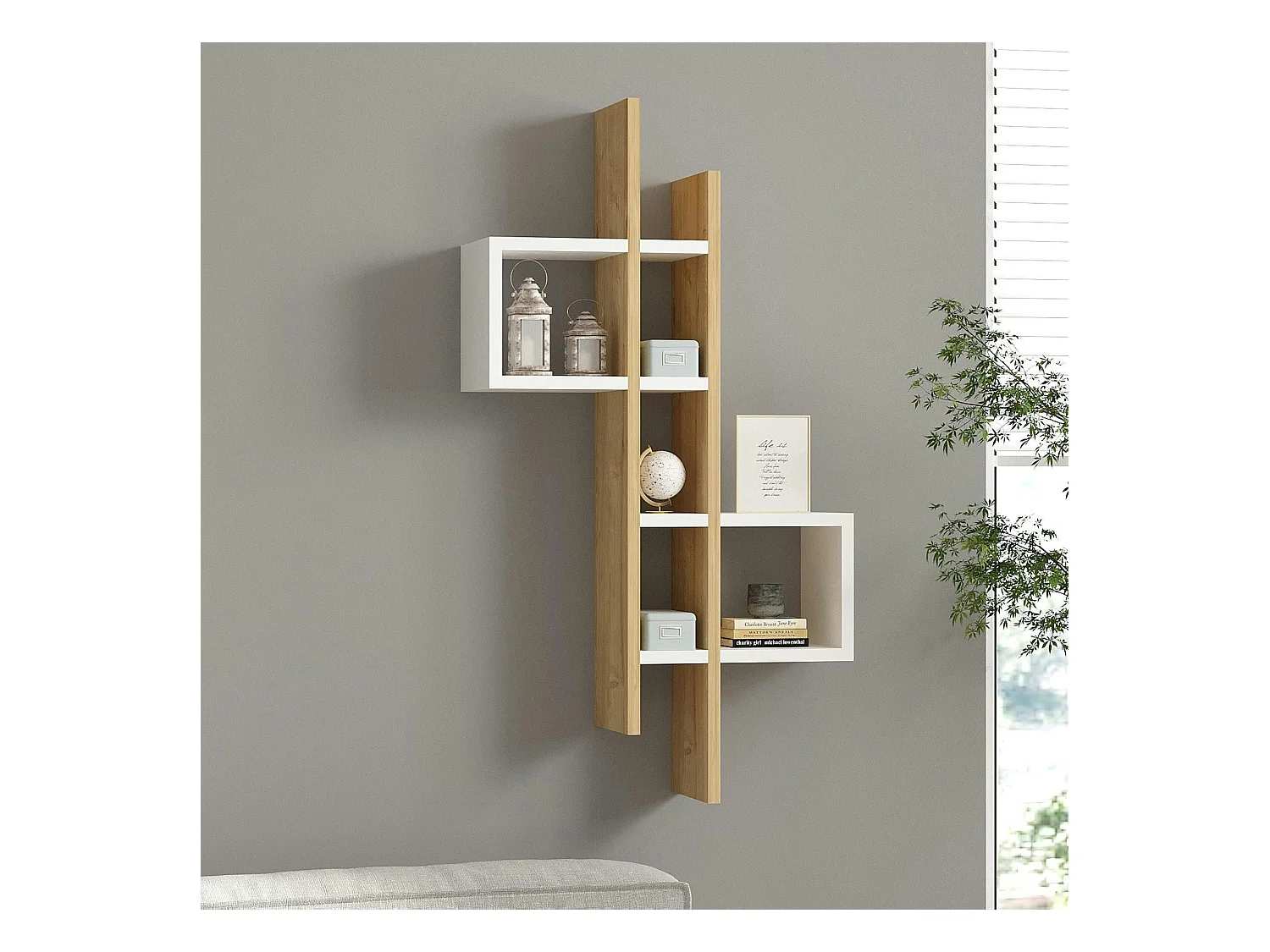 Etagère murale design bicolore, effet chêne et blanc MARFA