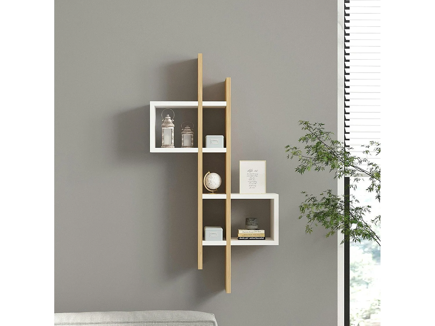 Etagère murale design bicolore, effet chêne et blanc MARFA