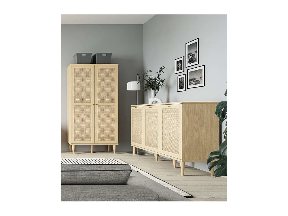 Aparador de salón-comedor de 89,8x149,8x41,4 cm con detalles en ratán en color beige Deka
