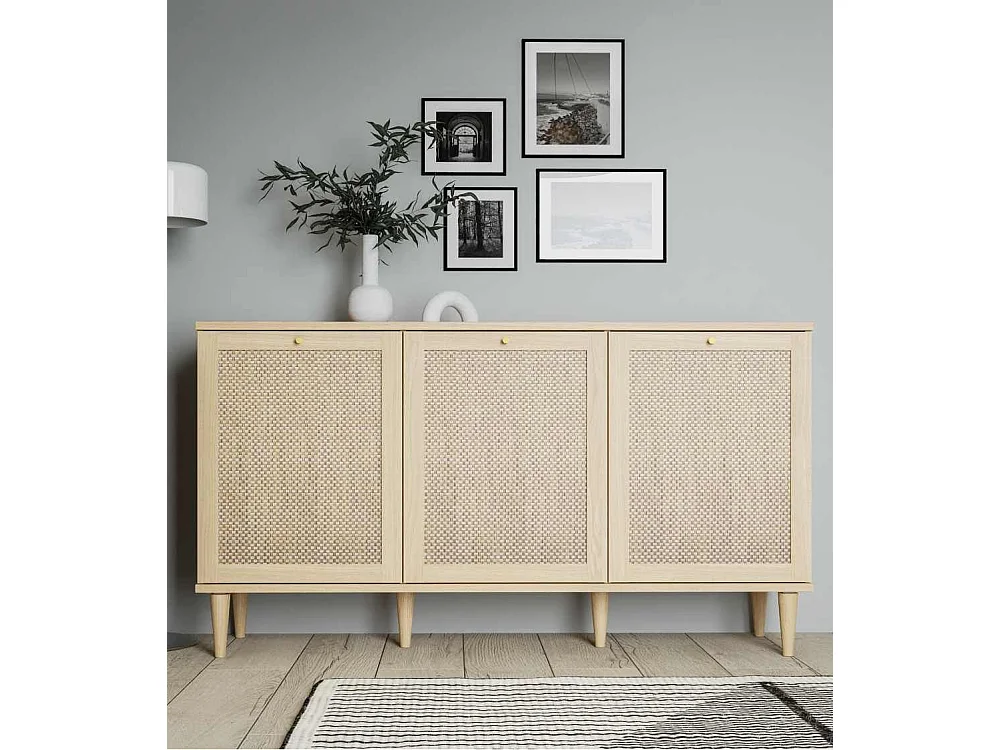 Aparador de salón-comedor de 89,8x149,8x41,4 cm con detalles en ratán en color beige Deka