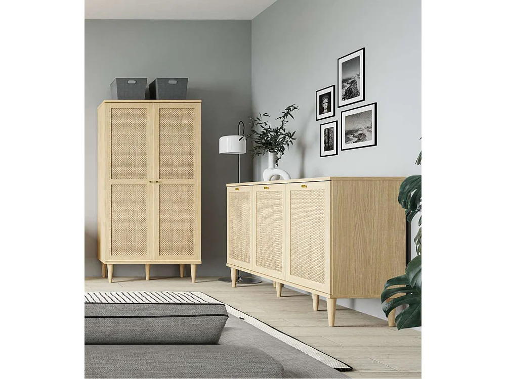 Aparador de salón-comedor de 89,8x149,8x41,4 cm con detalles en ratán en color beige Deka