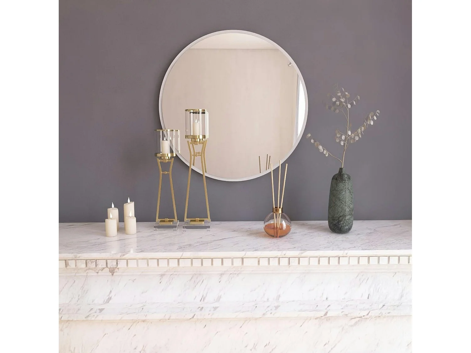 Miroir rond blanc moderne avec fin cadre Ø60 cm CODY